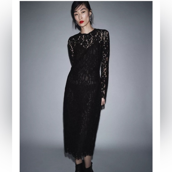 knee length dresses for ladies Ruffle Frill Detailed Swiss Dot Mesh Midi Dress Medium / Black